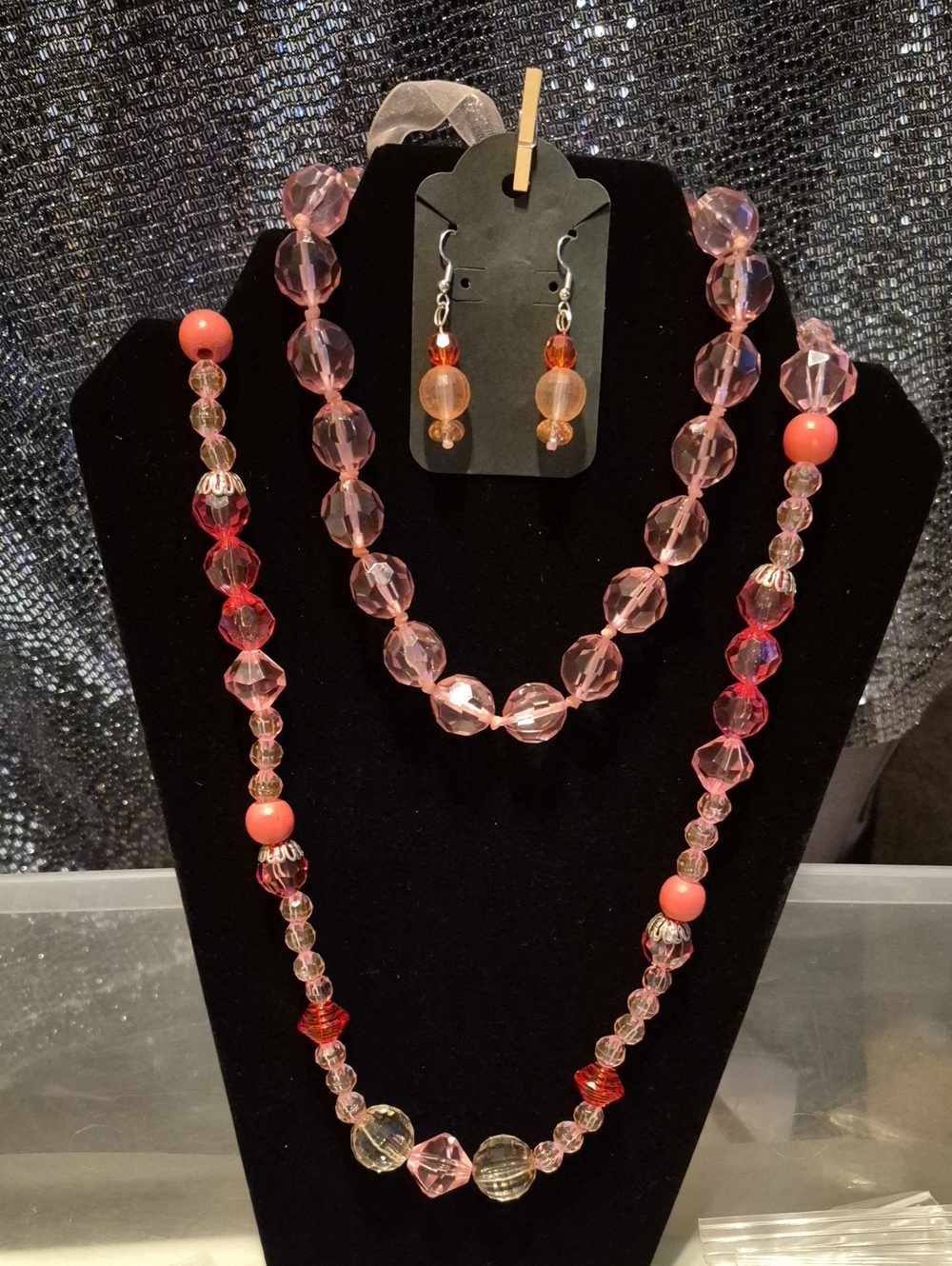 Pink Faceted Acrylic Bead Necklace and Earring Set